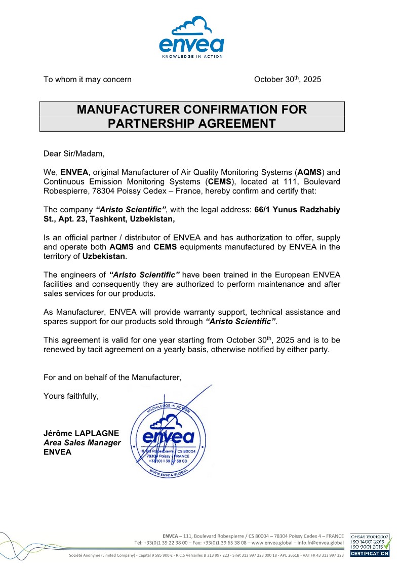 ENVEA Authorization Letter for AristoScientific Uzbekistan_1